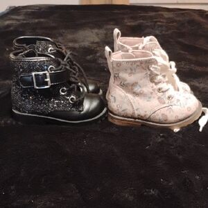 Girls' Lace-Up Ankle Boots in Black Glitter and Pink Floral - Kids Shoes